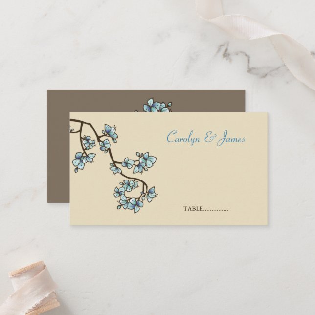 Tarjeta De Mesa Blue Peach Blossoms Chino Boda Place Card (Anverso/Reverso In Situ)