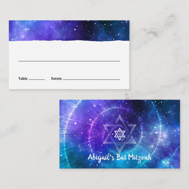 Tarjeta De Mesa Blue Purple Galaxy Bat Bar Mitzvah Flat Escort (Anverso / Reverso)