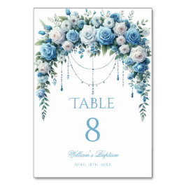 Tarjeta De Mesa Blue Rose & Silver Cross Baptism Table Number