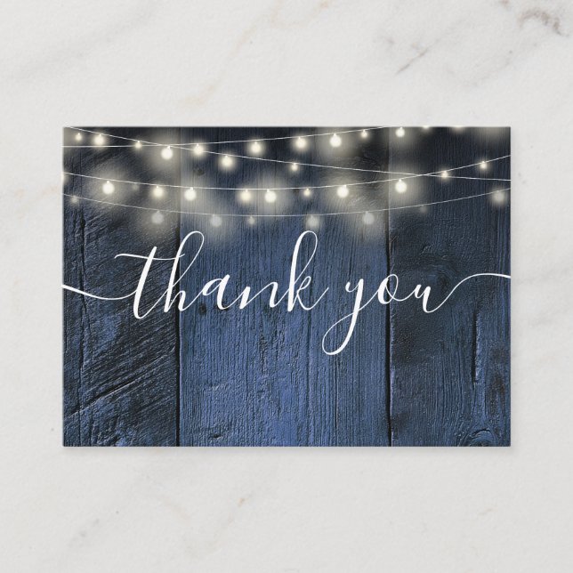 Tarjeta De Mesa Blue Rustic Wood String Lights Boda Gracias (Anverso)