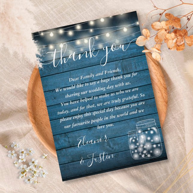 Tarjeta De Mesa Blue Rustic Wood String Lights Boda Gracias (Subido por el creador)