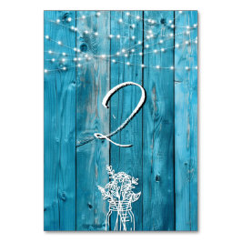 Tarjeta De Mesa Blue Rustic Wood String Lights Mason Jar Elegant