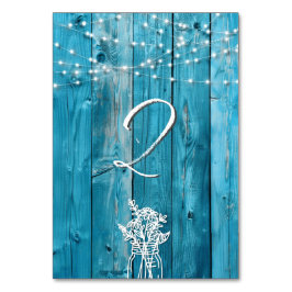 Tarjeta De Mesa Blue Rustic Wood String Lights Mason Jar Elegant