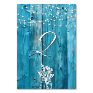 Tarjeta De Mesa Blue Rustic Wood String Lights Mason Jar Elegant