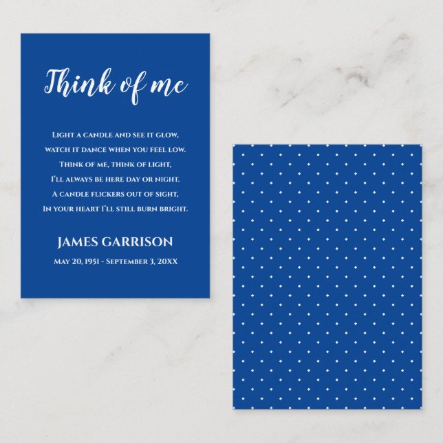 Tarjeta De Mesa Blue Think Of Me Celebration of Life Candle (Anverso / Reverso)