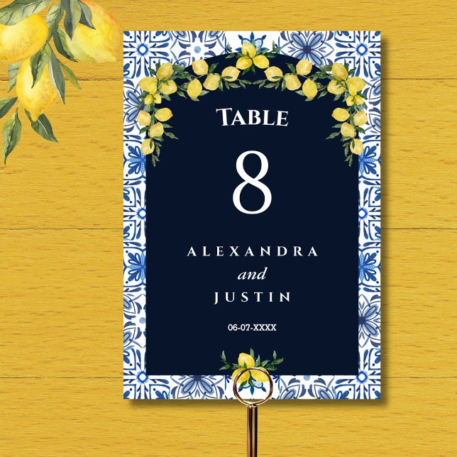 Tarjeta De Mesa Blue Tile Boda italiano limón mediterráneo (Subido por el creador)