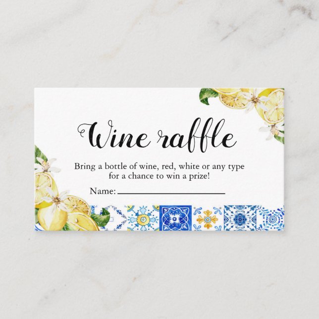 Tarjeta De Mesa Blue Tile Lemon Bridal Shower Wine Raffle Game (Anverso)