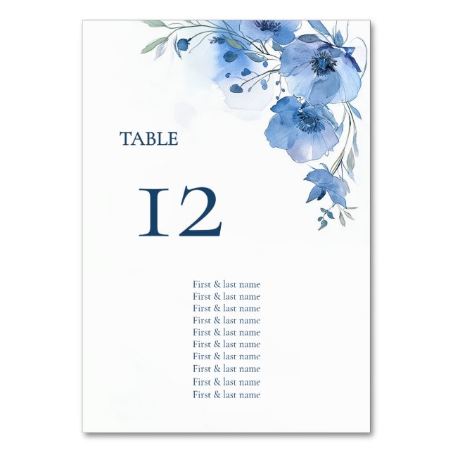 Tarjeta De Mesa Blue Watercolor Flowers Seating Chart (Anverso)