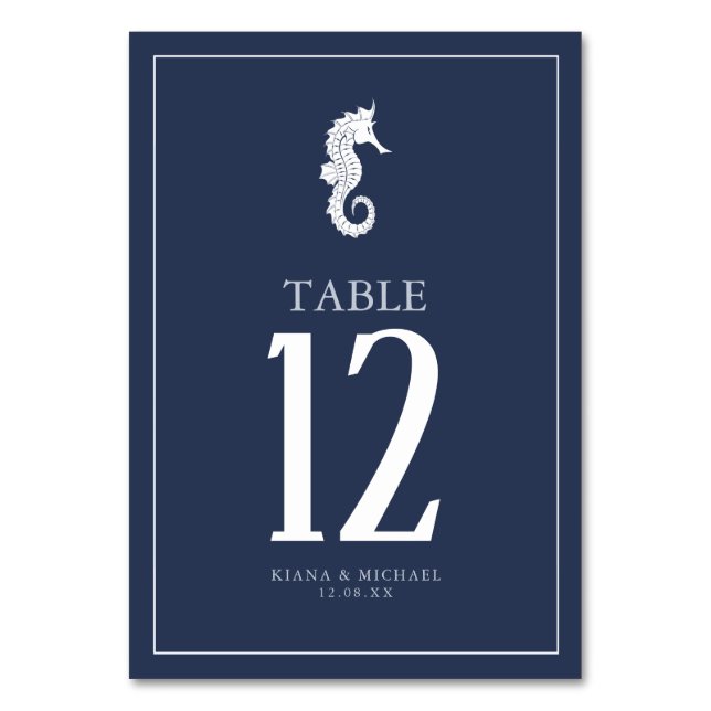 Tarjeta De Mesa Blue Wave Seahorse Boda Wht/Navy ID836 (Anverso)