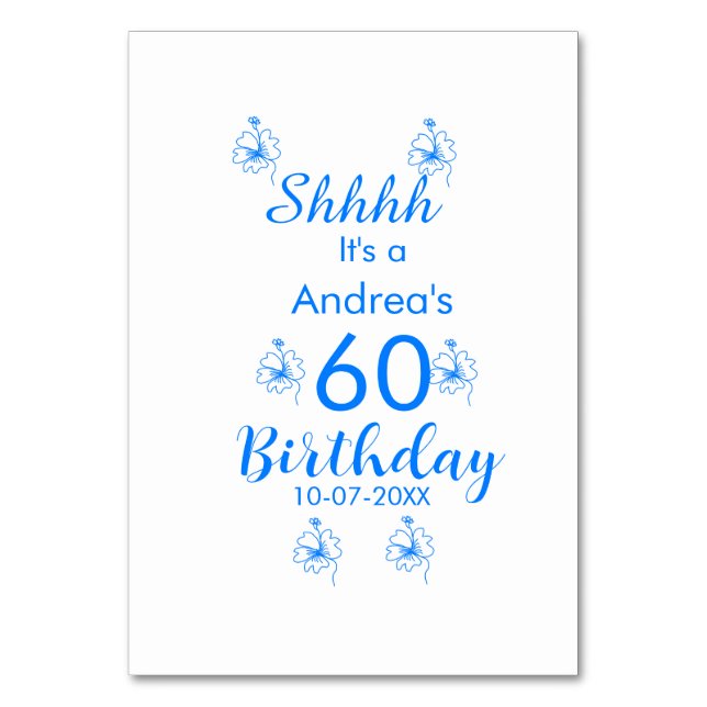 Tarjeta De Mesa Blue white mauve shhhh nombre floral de 60 años (Anverso)