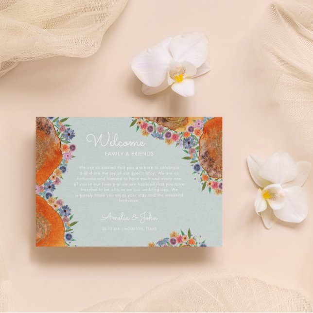 Tarjeta De Mesa Blue Wildflower Boda Bienvenida Cesta de bolsa de  (Front)