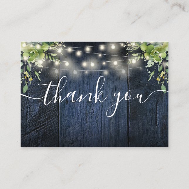 Tarjeta De Mesa Blue Wood String Lights Greenery Boda Gracias (Anverso)