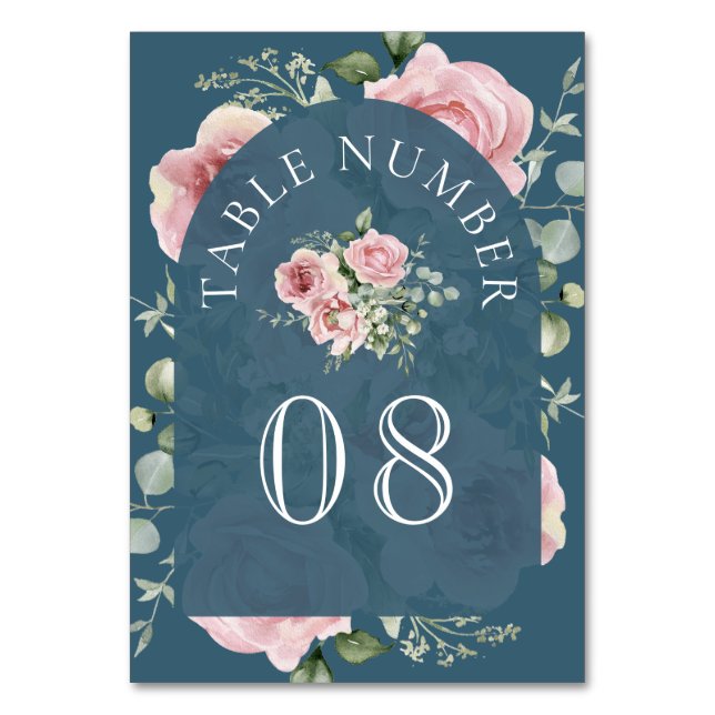 Tarjeta De Mesa Blush Pink Floral Eucalyptus Dusty Blue Wedding (Anverso)