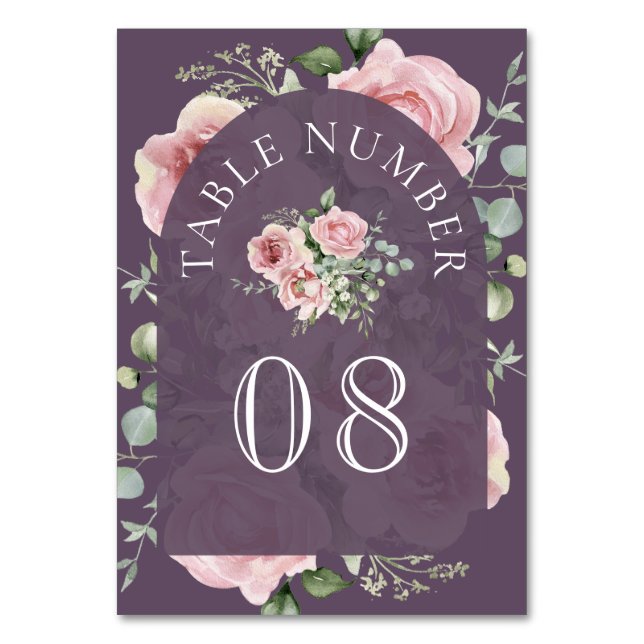 Tarjeta De Mesa Blush Pink Floral Eucalyptus Dusty Purple Wedding (Anverso)