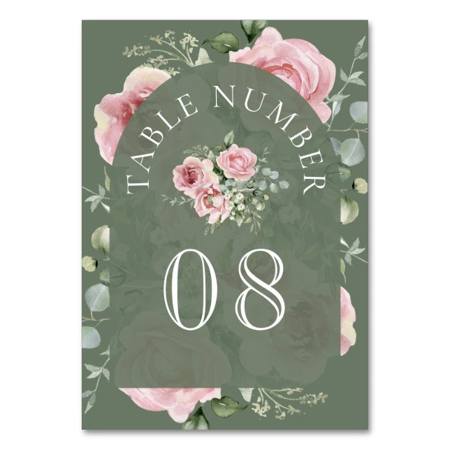 Tarjeta De Mesa Blush Pink Floral Eucalyptus Sage Green Wedding (Anverso)