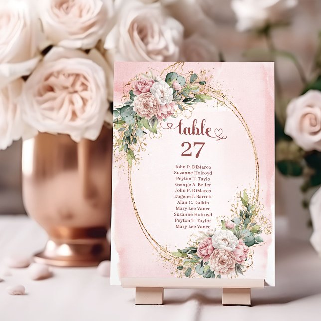 Tarjeta De Mesa Blush Pink Flowers Greenery Gold Glitter Table Sig (Blush Pink Flowers Greenery Gold Glitter Table Numbers)