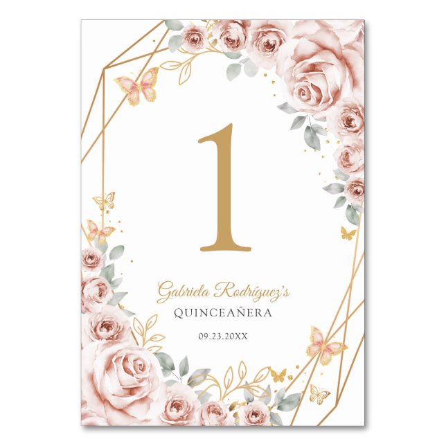 Tarjeta De Mesa Blush Pink Gold Floral Quinceanera (Anverso)