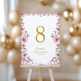 Tarjeta De Mesa Blush Pink Golden Floral Quinceañera 