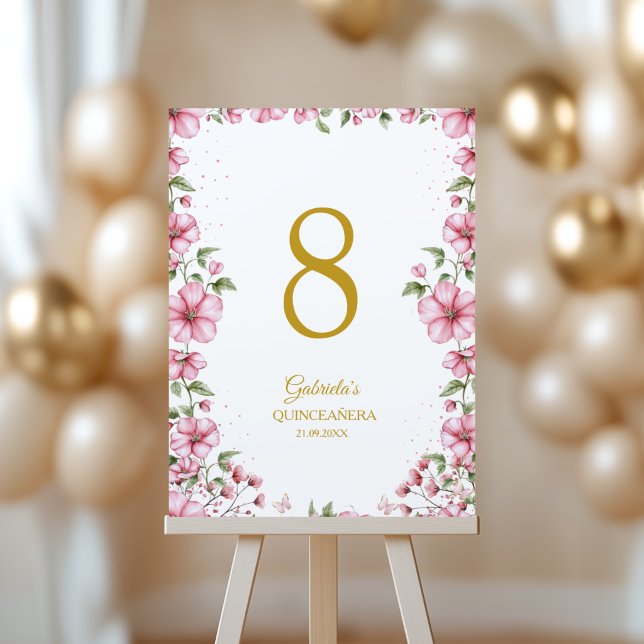 Tarjeta De Mesa Blush Pink Golden Floral Quinceañera  (Subido por el creador)