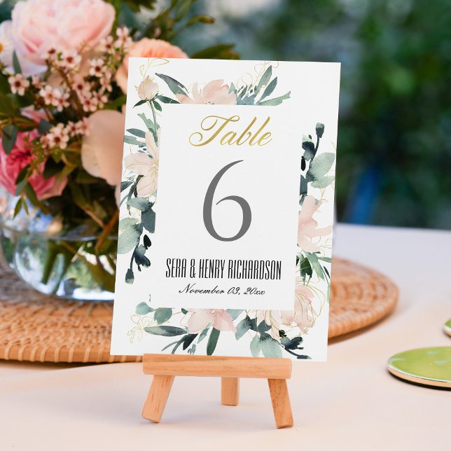 TARJETA DE MESA BLUSH SUAVE ORO MARCO FLORAL ACUARELA BODA (Subido por el creador)