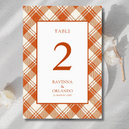 Tarjeta De Mesa Boda a cuadros gingham naranja silenciada rústica