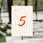 Tarjeta De Mesa Boda a rayas retro de la cigala y la mandarina<br><div class="desc">Presentamos nuestros exquisitos números de tabla de melocotón y boda de mandarina, diseñados para añadir un toque de encanto retro a su día especial. Las suaves rayas de melocotón constituyen un bello telón de fondo, complementado por la vibrante caligrafía retro de mandarina que añade un toque de color y sofisticación....</div>