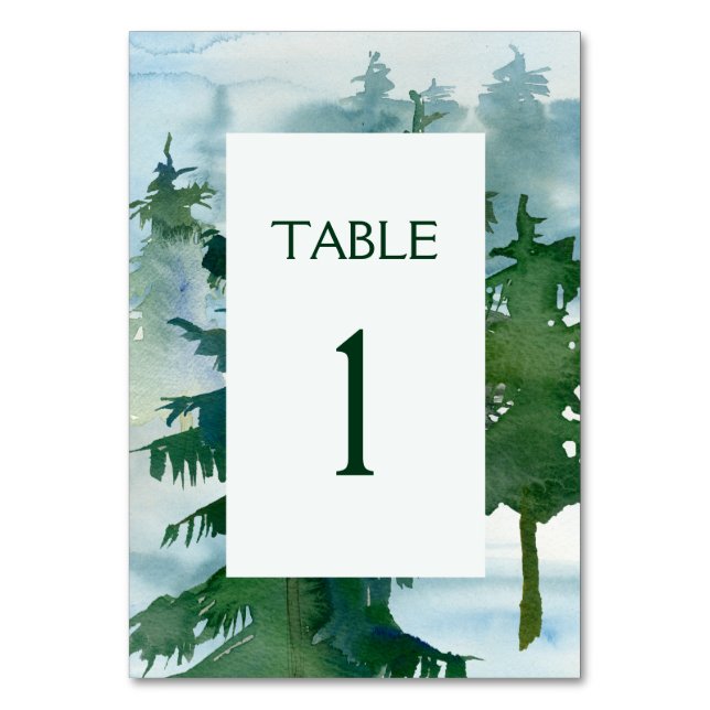 Tarjeta De Mesa Boda acuarela bosque montañoso rústico (Anverso)