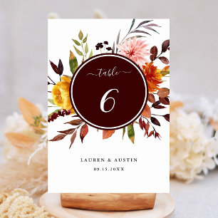 Tarjeta De Mesa Boda acuarela de jardín de otoño Borgoña