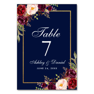 Tarjeta De Mesa Boda acuarela Floral Burgundy Blue Gold
