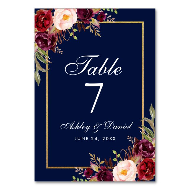 Tarjeta De Mesa Boda acuarela Floral Burgundy Blue Gold (Anverso)