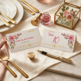 Tarjeta De Mesa Boda acuarela floral dorada 