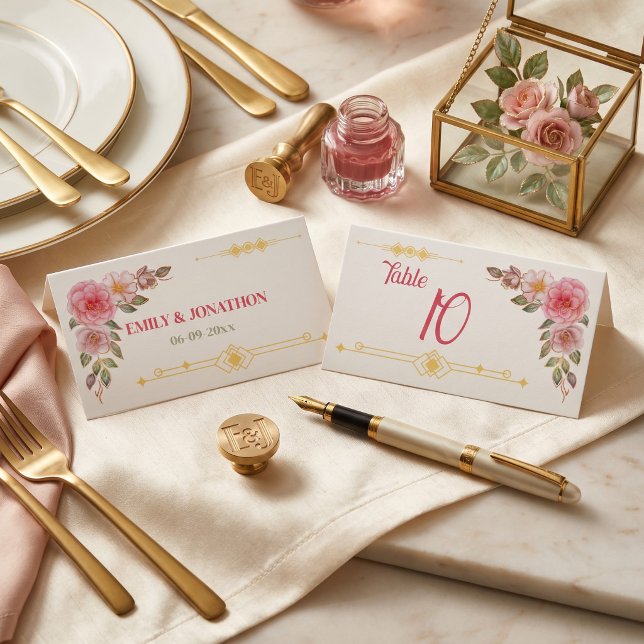 Tarjeta De Mesa Boda acuarela floral dorada  (Golden Floral Watercolor Wedding Place Card)