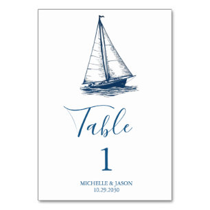 Tarjeta De Mesa Boda Acuarela Náutica de Velero de Moda