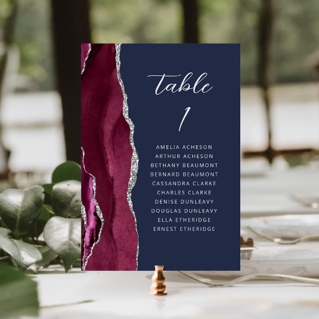Tarjeta De Mesa Boda Agate Borgoña Moderno Script Azul Marino (Subido por el creador)