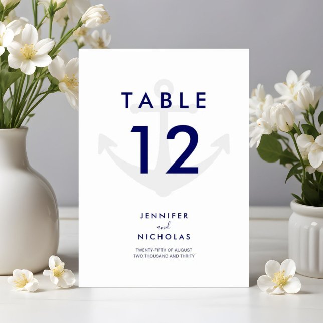 Tarjeta De Mesa Boda Ancla Náutica Azul Marino Moderna (Modern Navy Blue Nautical Anchor Wedding Table Number)