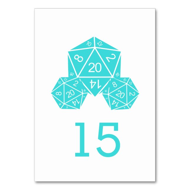 Tarjeta de mesa Boda Aqua D20 Dice (Anverso)