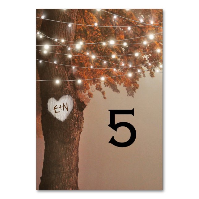 Tarjeta De Mesa Boda Árbol Corazón Otoño Rústico (Anverso)