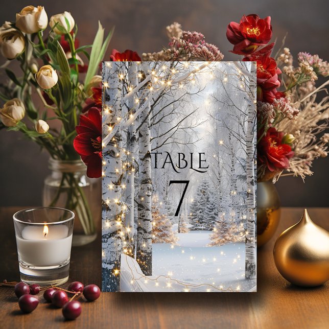 Tarjeta De Mesa Boda Árboles de aves blancas Nieve luces amarillas (Subido por el creador)