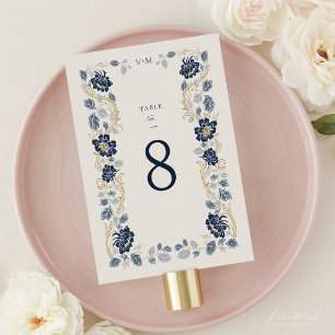Tarjeta De Mesa Boda Art Nouveau azul marino flores doradas