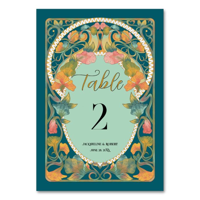 Tarjeta De Mesa Boda Art Nouveau verde azulado (Anverso)