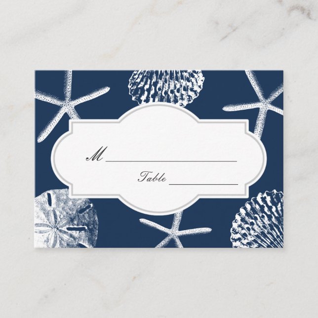 Tarjeta De Mesa Boda/asiento de la Marina Blue Beach Seashells (Anverso)