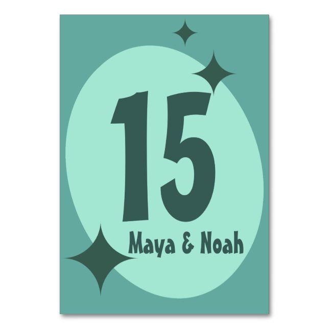 Tarjeta De Mesa Boda Atómica de los 50 en Verde Menta (Anverso)