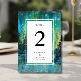 Tarjeta De Mesa Boda Aurora de Navidad Lago Bosque Cielo Nocturno