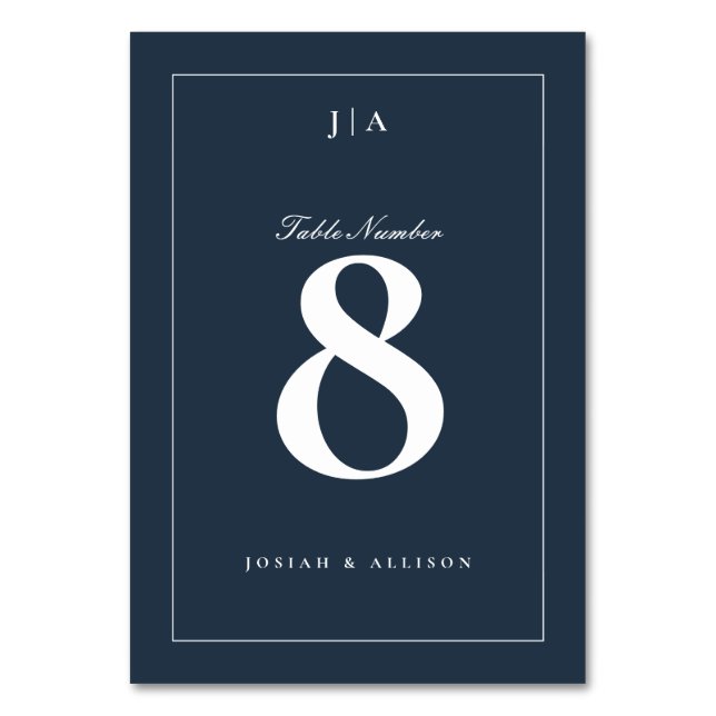 Tarjeta De Mesa Boda azul de la marina clásica (Anverso)