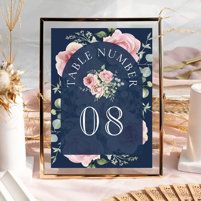 Tarjeta De Mesa Boda azul de la Marina de Eucaliptos Florales Rosa (Subido por el creador)