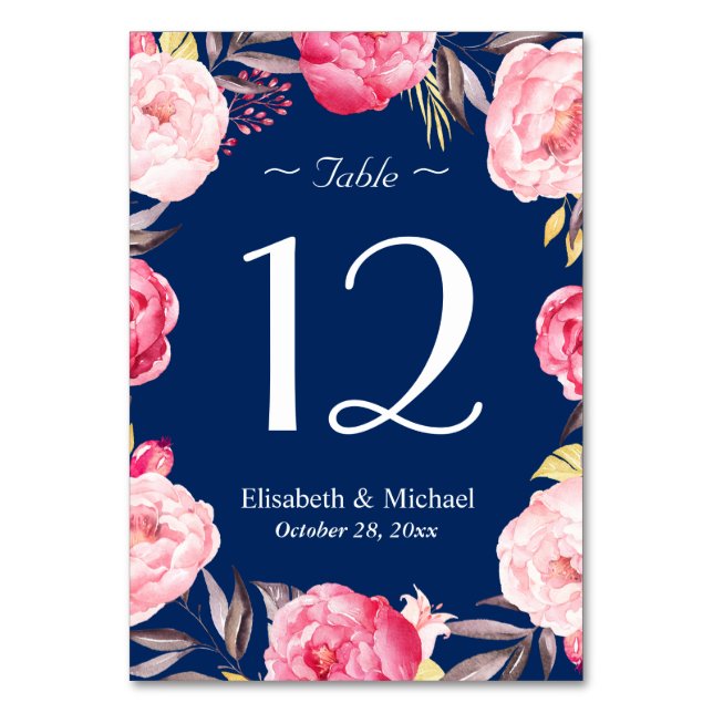 Tarjeta De Mesa Boda azul de la Marina de Guerra Floral Rosa Númer (Anverso)