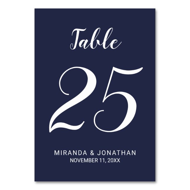 Tarjeta De Mesa Boda azul de la Marina de Script Moderno (Anverso)