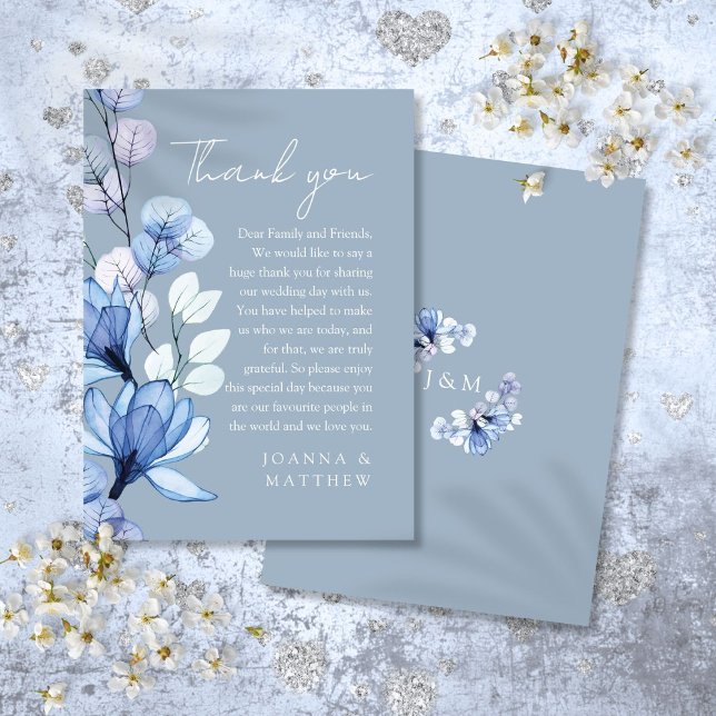 Tarjeta De Mesa Boda Azul Dusto Floral Transparente Gracias (Transparent Floral Dusty Blue Wedding Thank You Place Card)