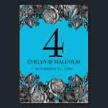 Tarjeta De Mesa Boda azul eléctrico de rosas negras y blancas<br><div class="desc">Cree tarjetas de número de tabla personalizado para su boda o evento especial. Esta tarjeta presenta ilustraciones de rosas de estilo antiguo grabado en blanco y negro contra un fondo azul eléctrico brillante y vibrante. Está listo para ser personalizado con sus nombres y fecha de boda en letras negras limpias...</div>