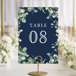 Tarjeta De Mesa Boda azul marino con eucalipto moderno
